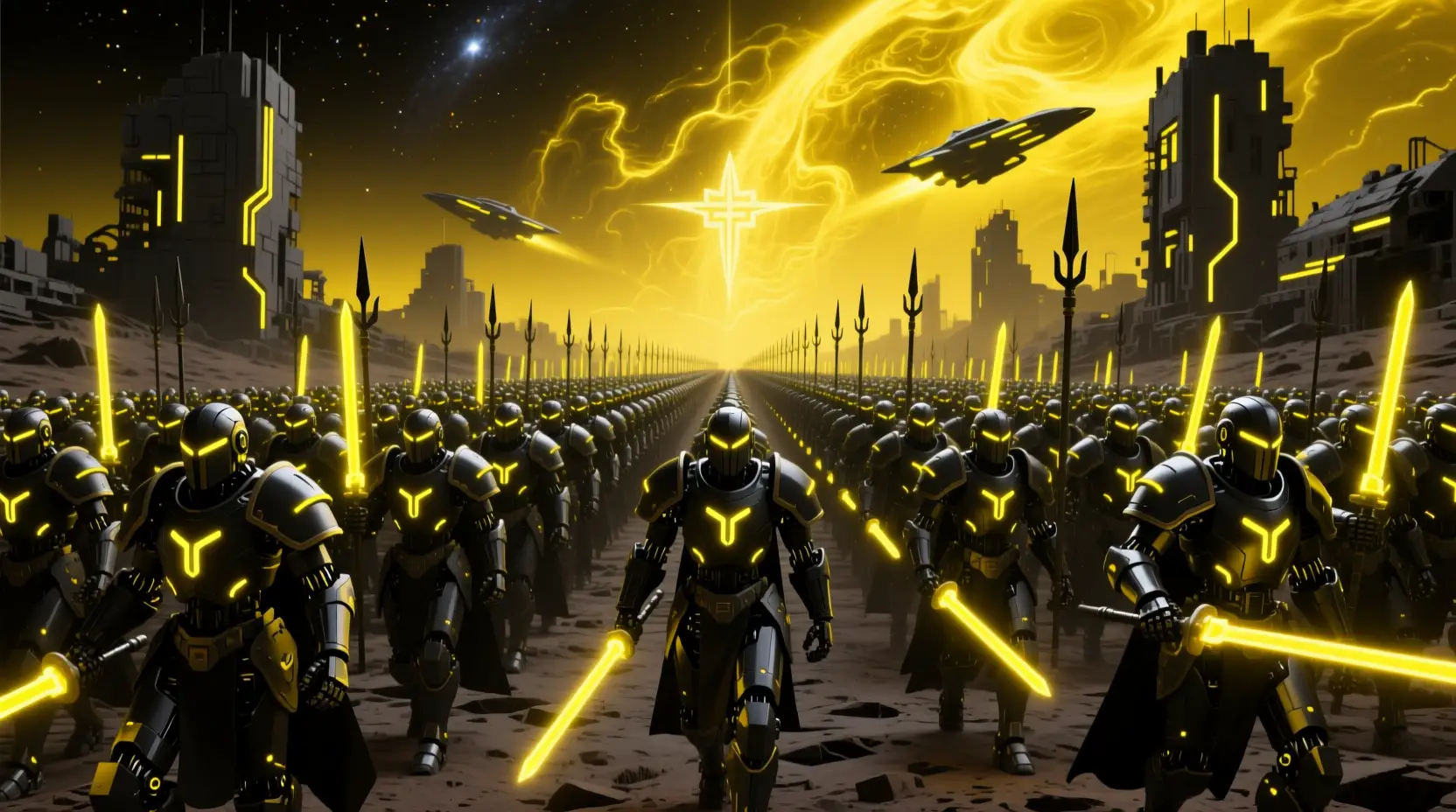 Exército futurista de cavaleiros robóticos atravessando um deserto arruinado