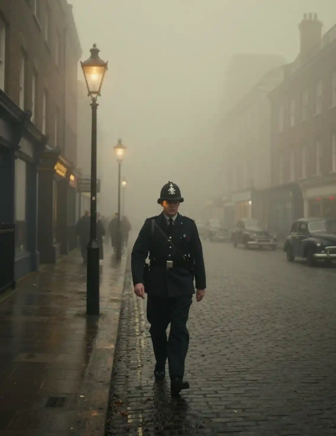 Policier londonien marchant dans une rue urbaine dense et brumeuse