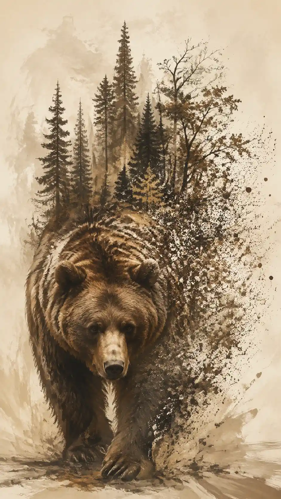 Surrealer Braunbär in einem leeren elfenbeinfarbenen Feld