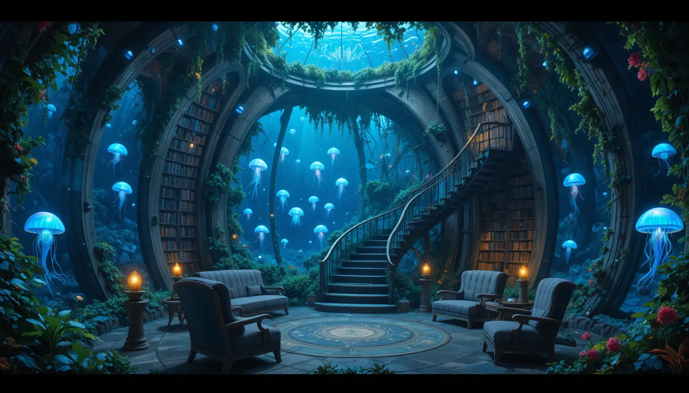 Unterwasser-Glasbibliothek-Heiligtum voller Bücher und Licht