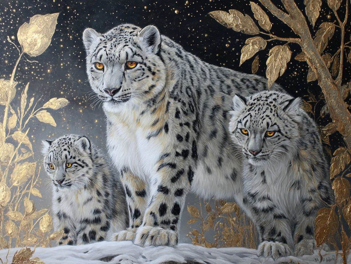 Mãe de leopardo-das-neves e filhotes sob uma floresta dourada ao luar