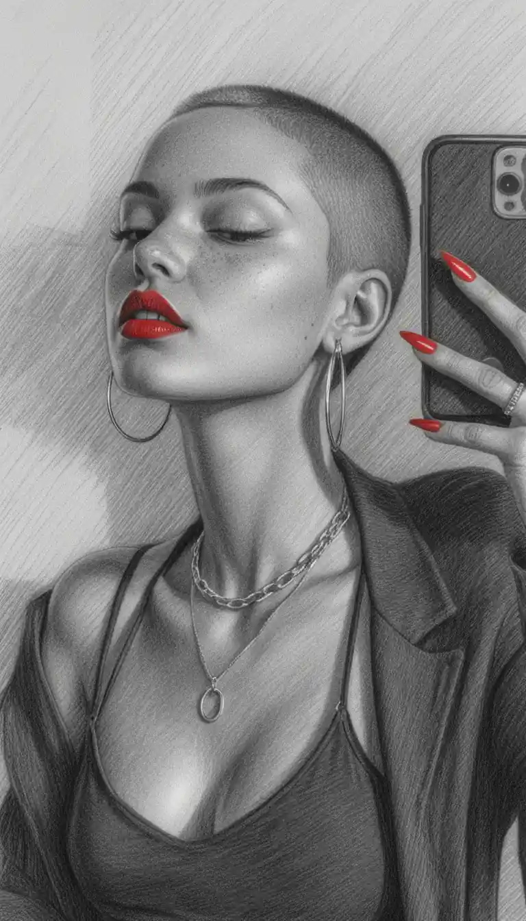 Graphite portrait of a woman taking a confident mirror selfie