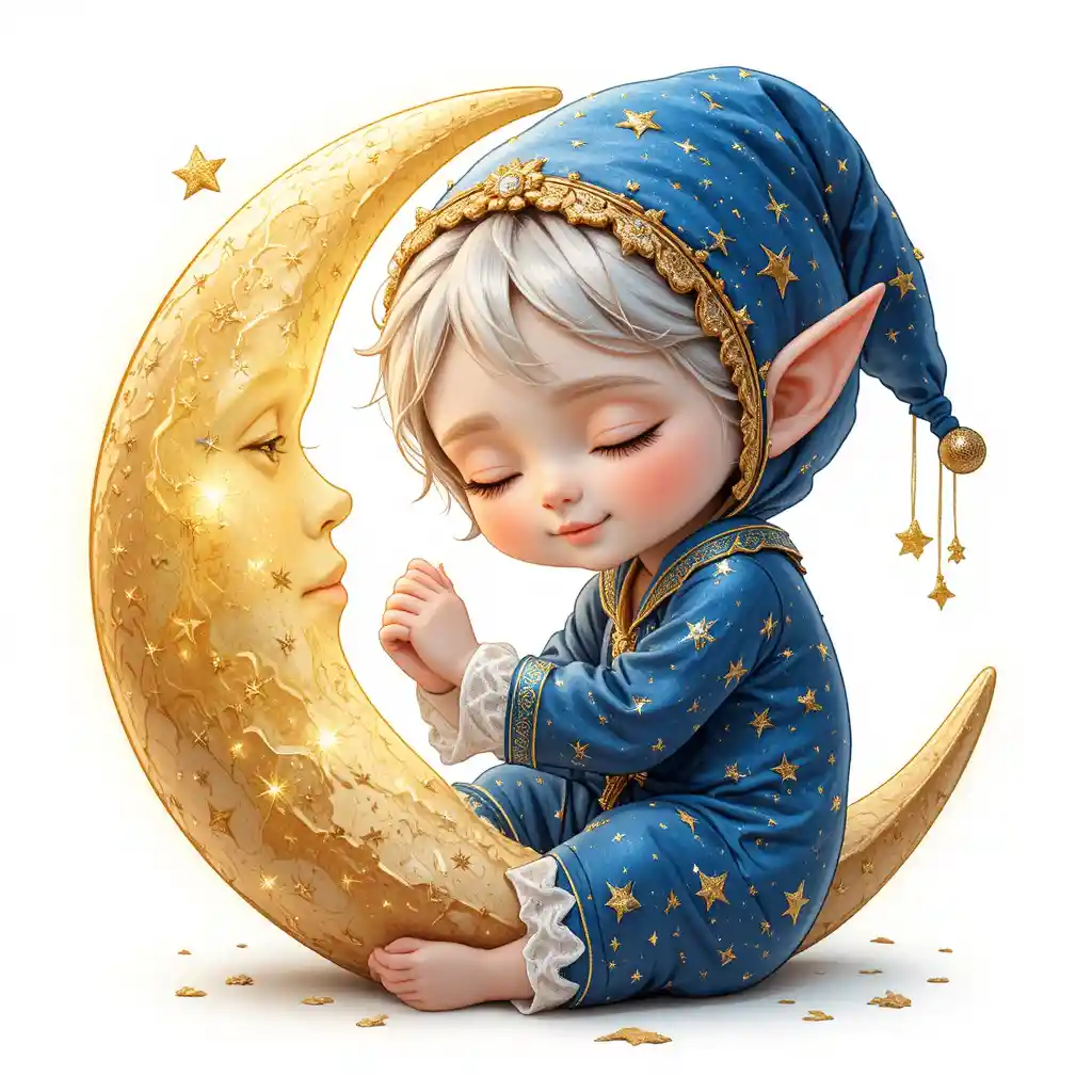 Dolce elfo addormentato che abbraccia una luna dorata sorridente