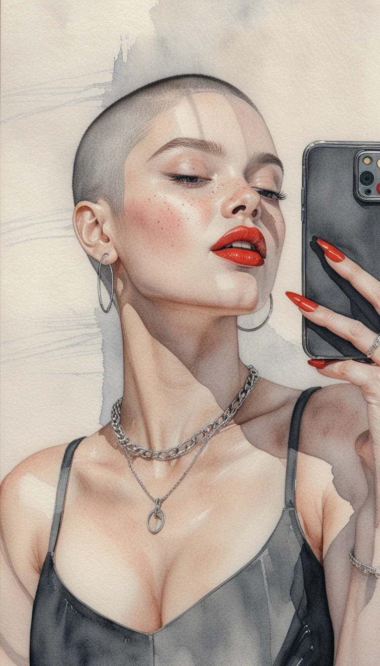 Stylish woman taking a mirror selfie in bold red lipstick