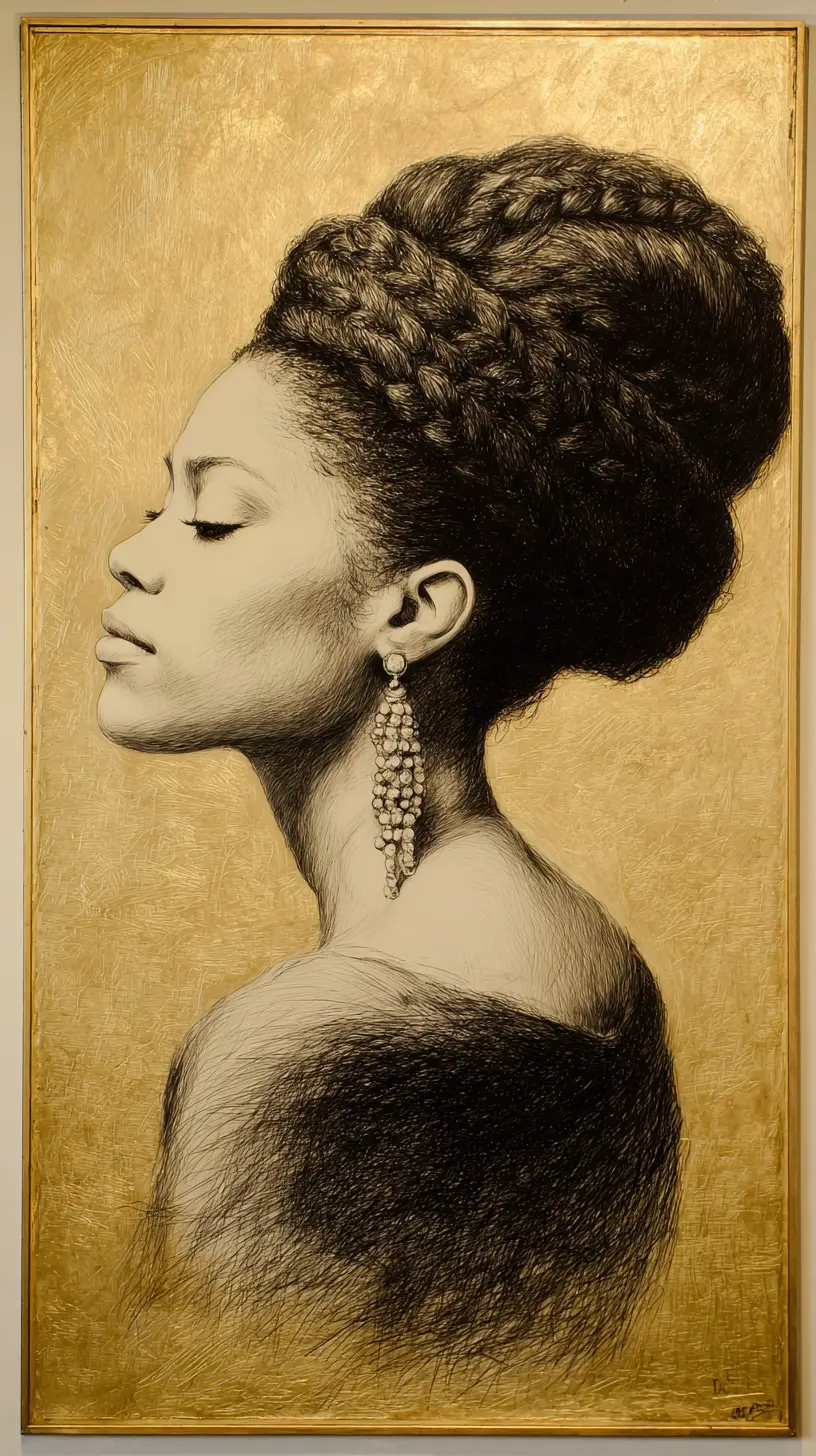 Charcoal profile of a black woman with sculptural hairstyle