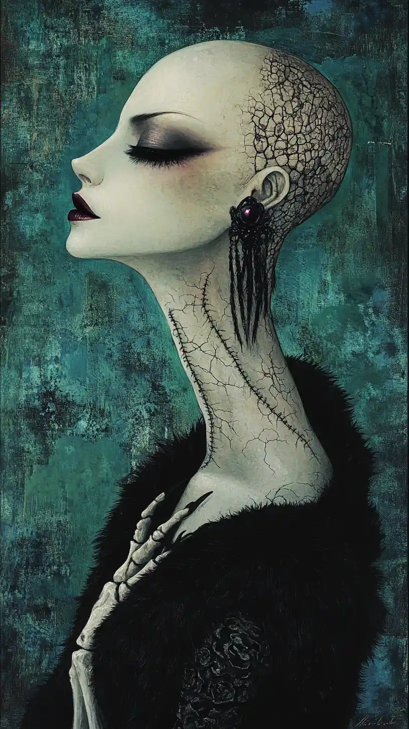 Retrato gótico surreal de uma mulher careca de porcelana costurada