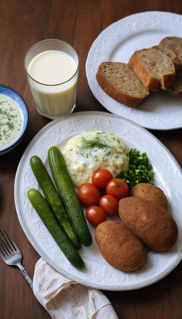 Trompe l oeil plate of potatoes cutlets and fresh vegetables