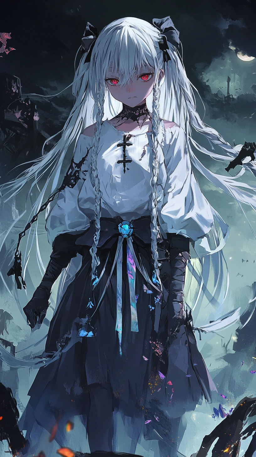 Anime girl in tattered outfit with eerie smile and braids