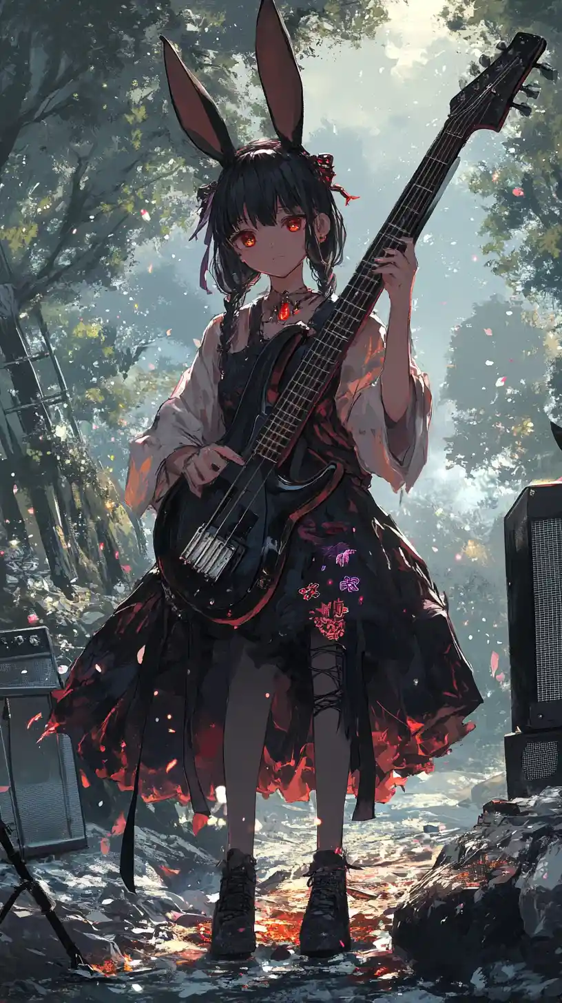 Anime-Mädchen spielt Gitarre am Lagerfeuer am Strand