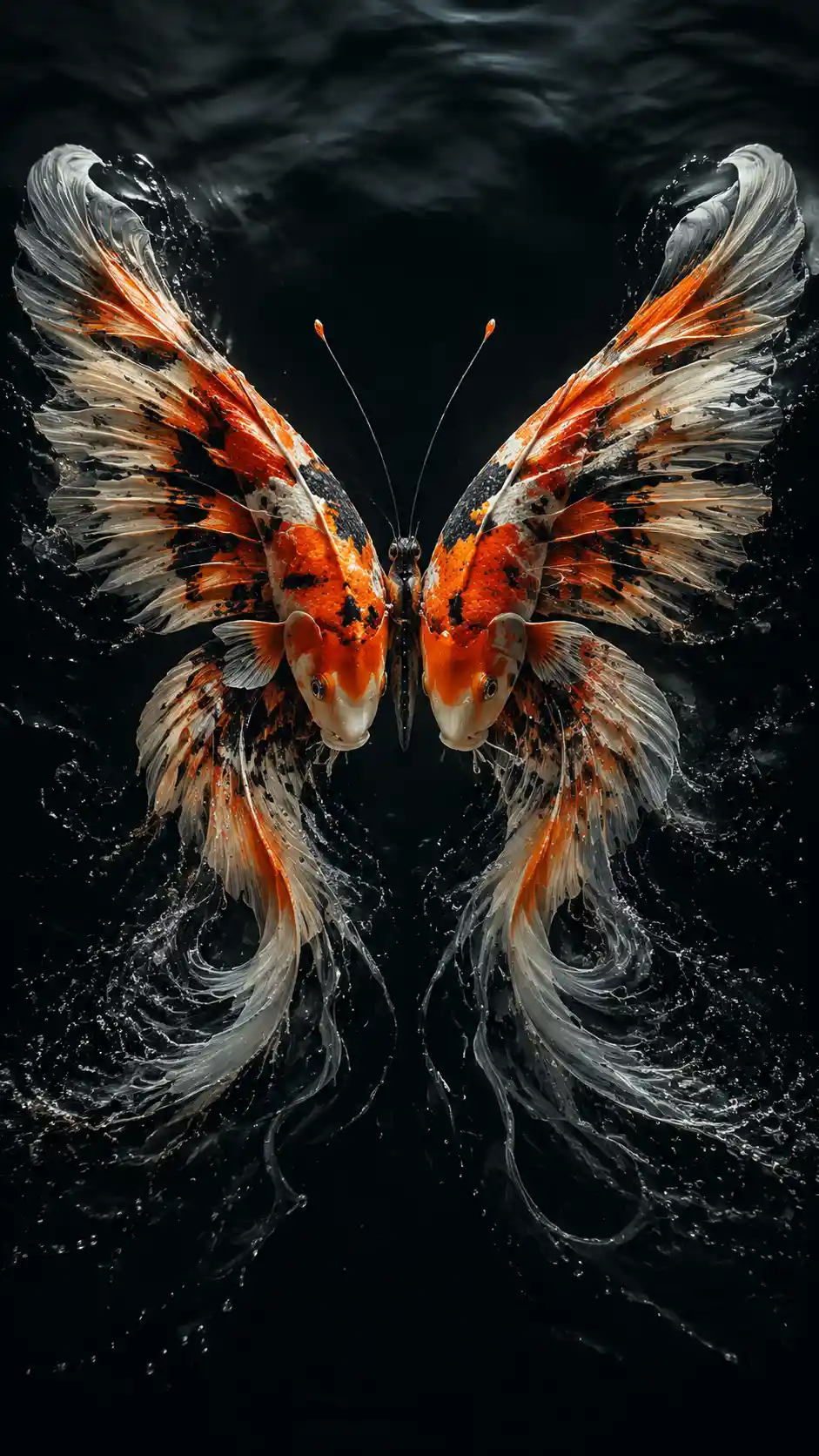 Farfalla surreale formata da koi sopra acqua scura