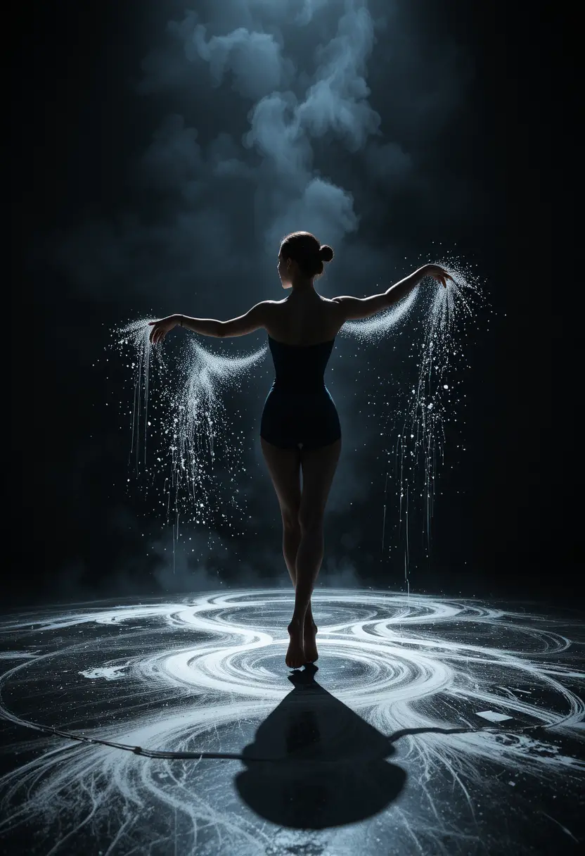 Woman dancer scattering chalk powder in dark studio