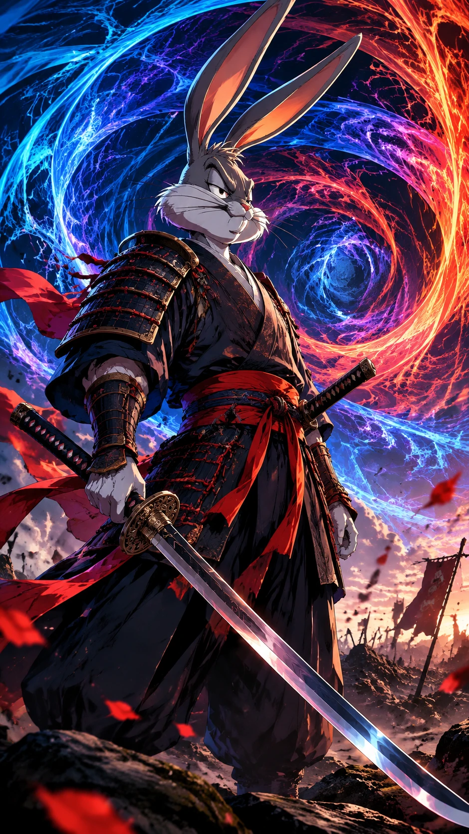 Coelho samurai estoico em um campo de batalha abstrato varrido pelo vento