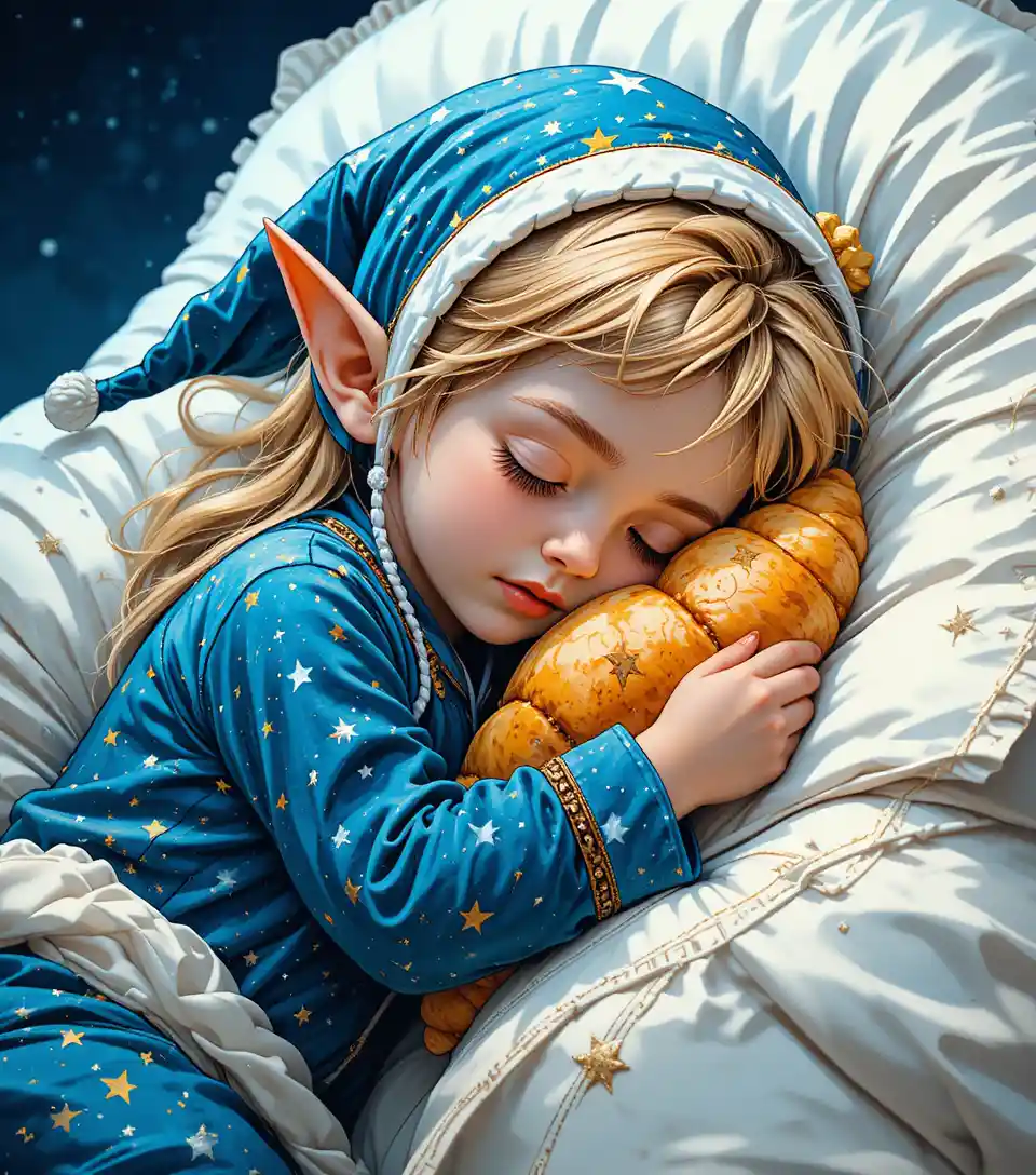 笑顔の金色の三日月を抱いて眠るエルフの子ども