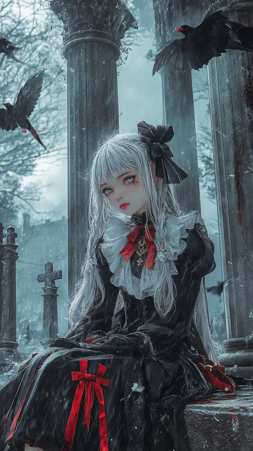 Anime girl with crimson sword in a ruined hall