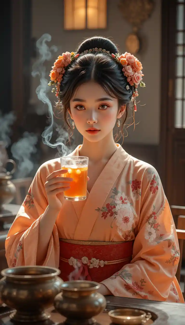 Femme élégante en kimono tenant un verre de boisson fumante