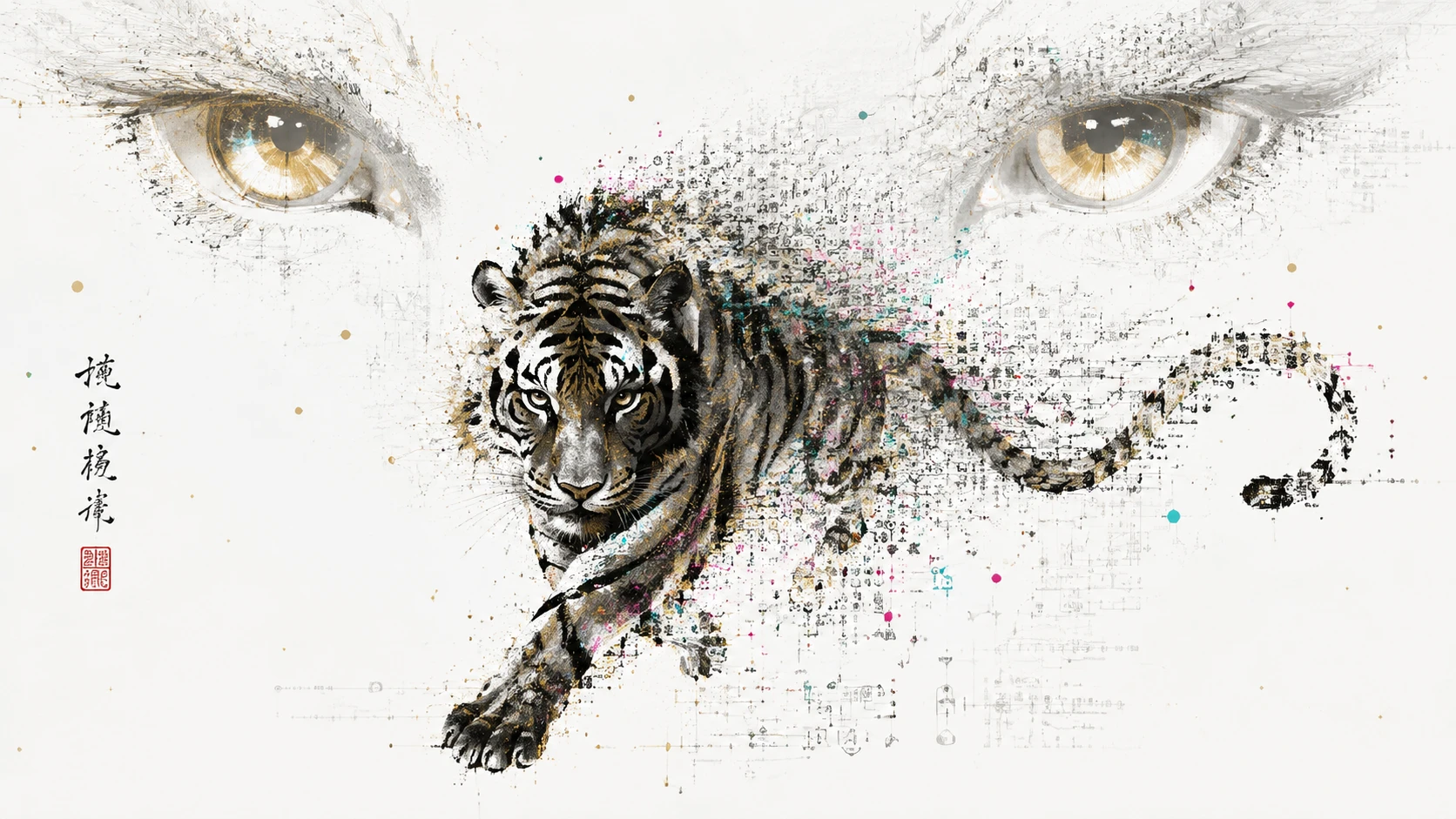 Tigre inspiré du sumi-e se dissolvant en symboles analytiques