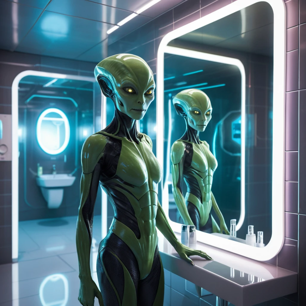 Mujer alienígena en el espejo del baño de una estación espacial iluminada con neón