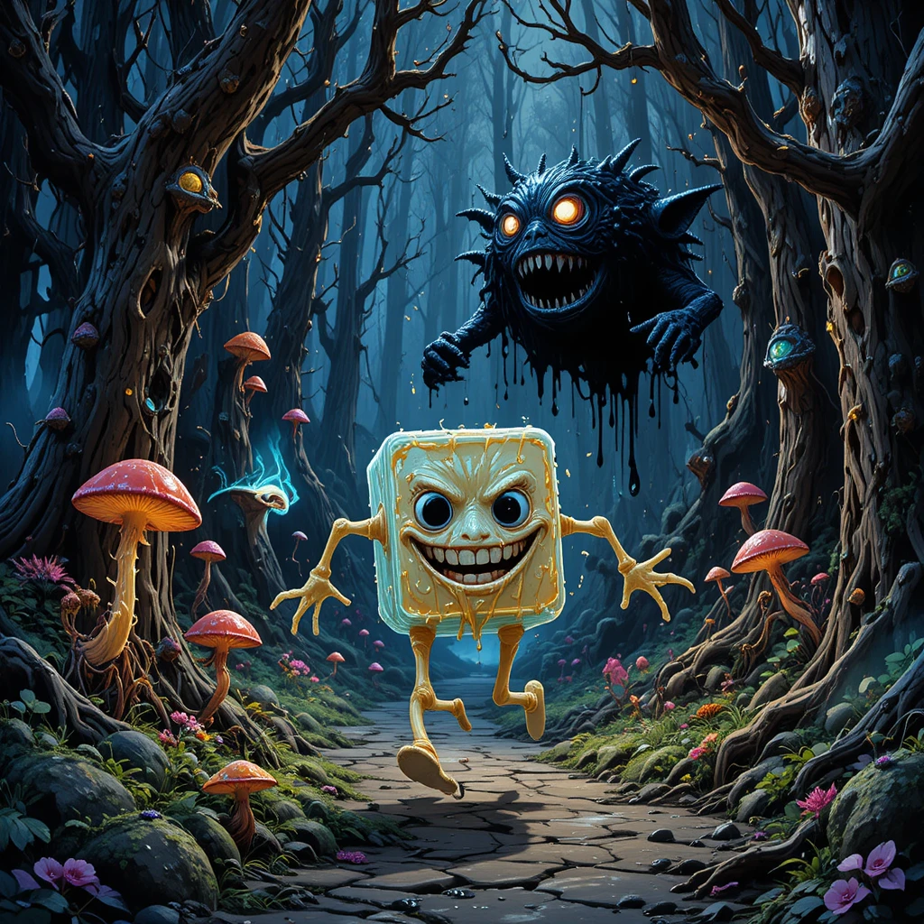 Panicked sugar cube fleeing through a twisted nightmare forest