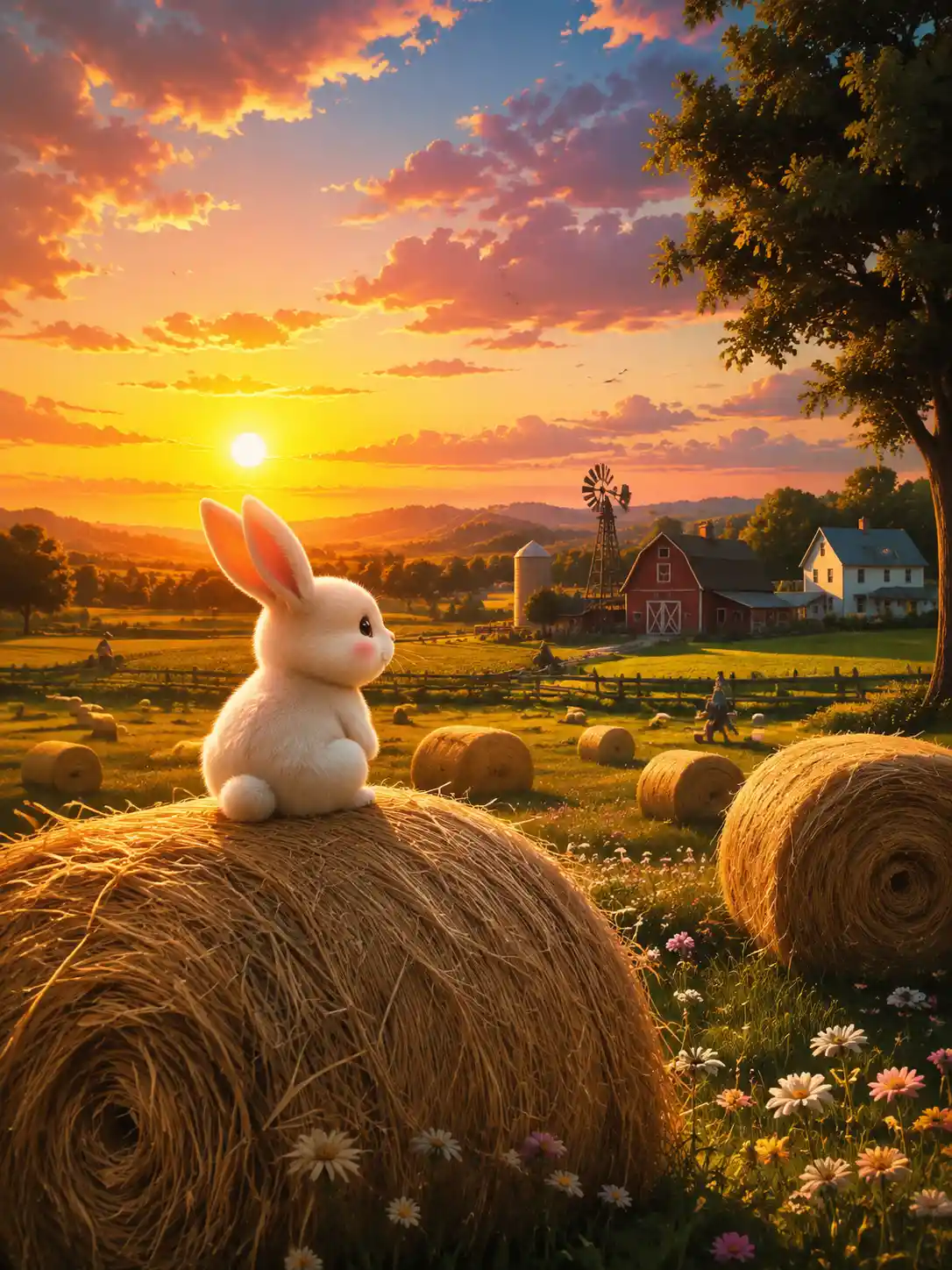 Conejito tierno sobre un fardo de heno mirando un colorido atardecer en la granja