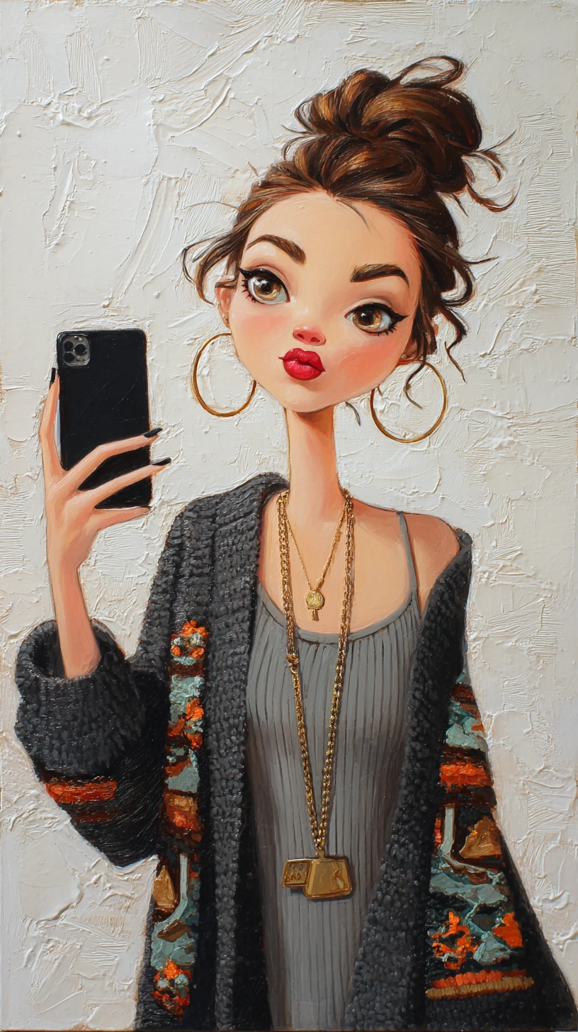 Femme pop surréaliste faisant un selfie avec de grands yeux expressifs
