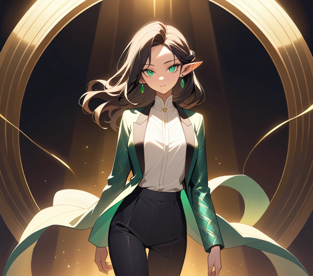 Elegant feline featured woman in tailored fashion