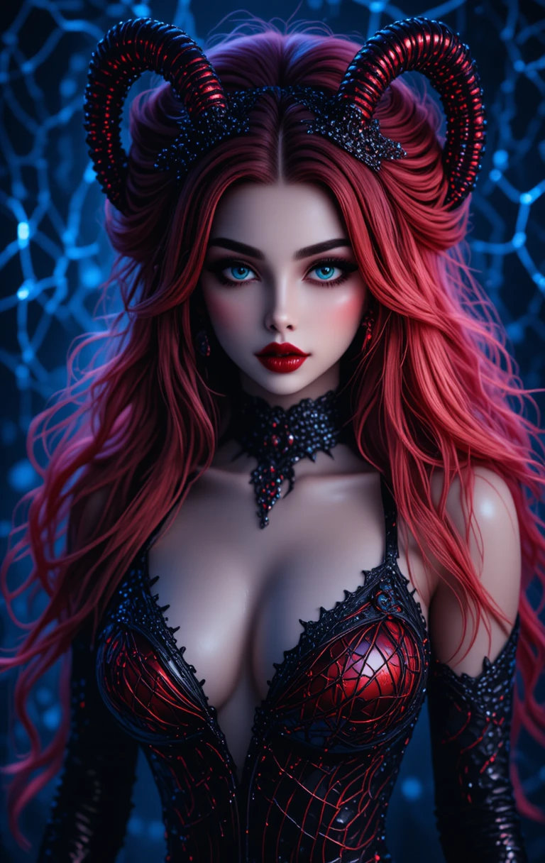 Mulher gótica com chifres, cabelo vermelho e teias azuis brilhantes
