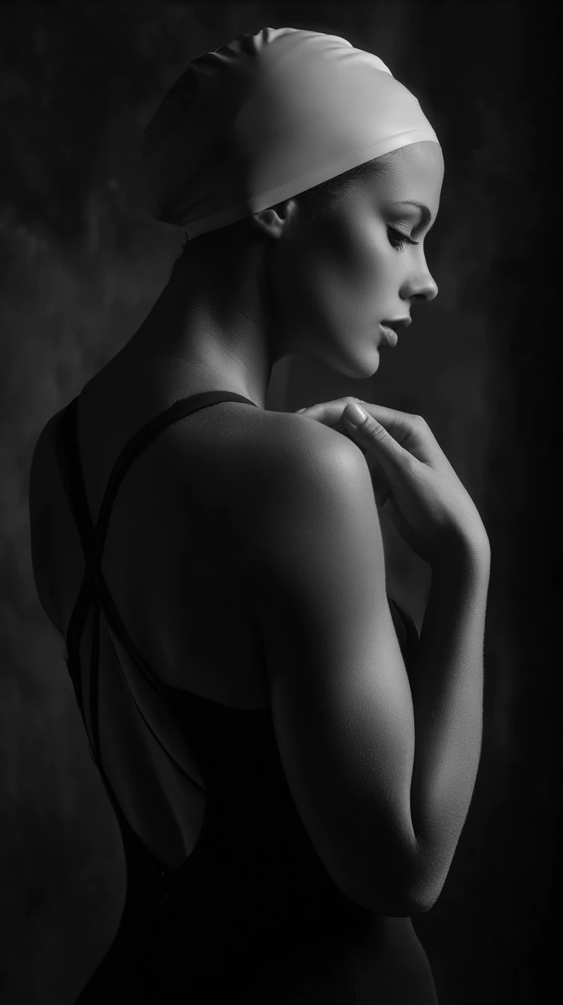 Profil studio en noir et blanc d’une nageuse concentrée