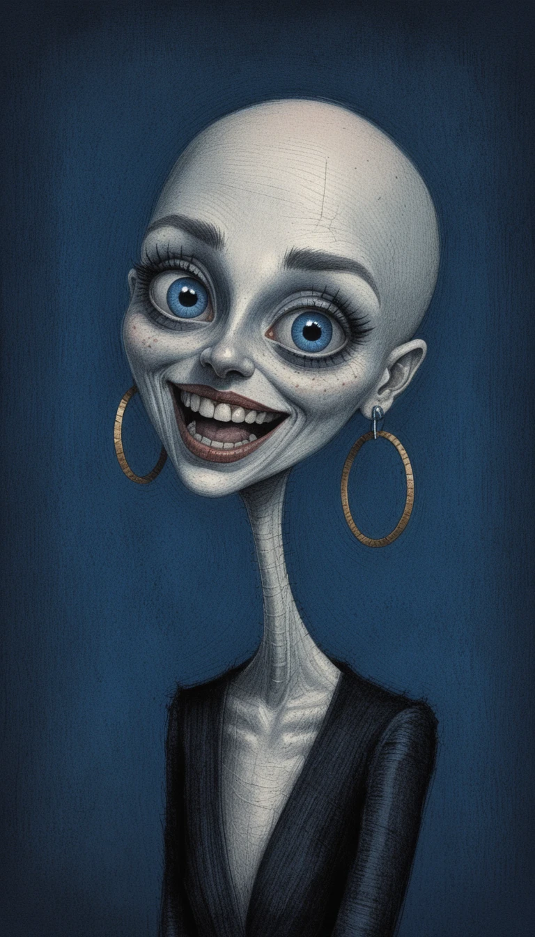 Caricatura dark fantasy di una donna calva con collo lungo