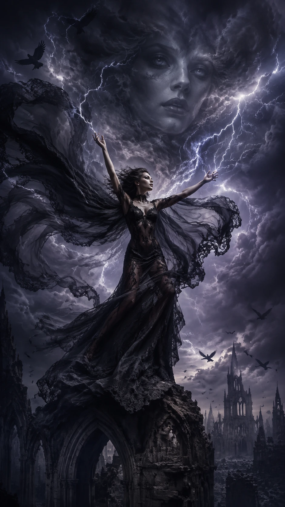 Dancer on gothic ruins commanding a supernatural storm
