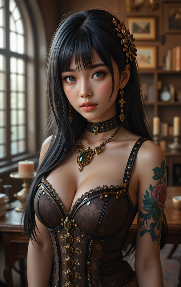 Retrato de mulher anime cativante com joias steampunk