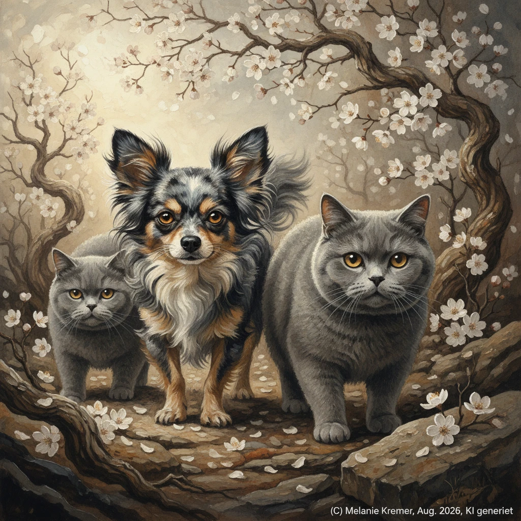 Chihuahua y Gatos British Shorthair entre Flores Rocosas