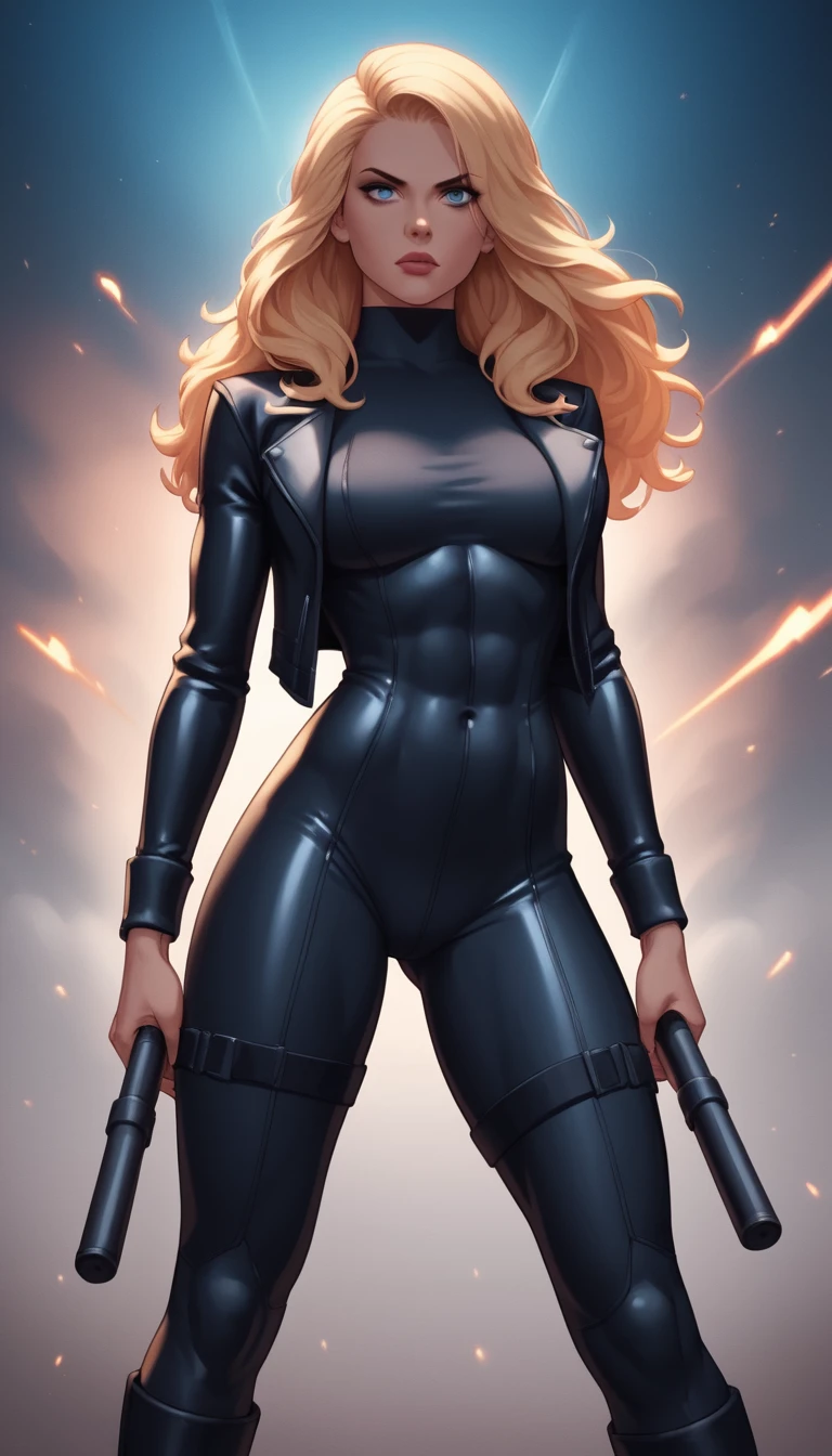 Confident anime heroine in blue bodysuit striking a powerful pose