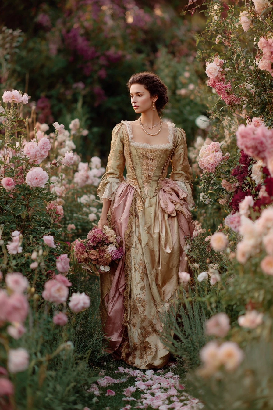 Mulher elegante de seda caminhando por um jardim de flores ao entardecer