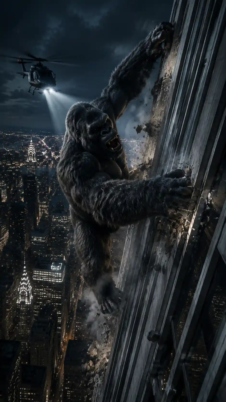 Giant ape clinging to skyscraper in dramatic night city
