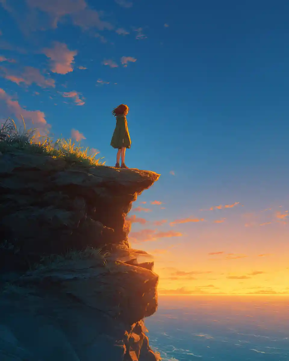 Anime traveler at dawn on a quiet cliff edge