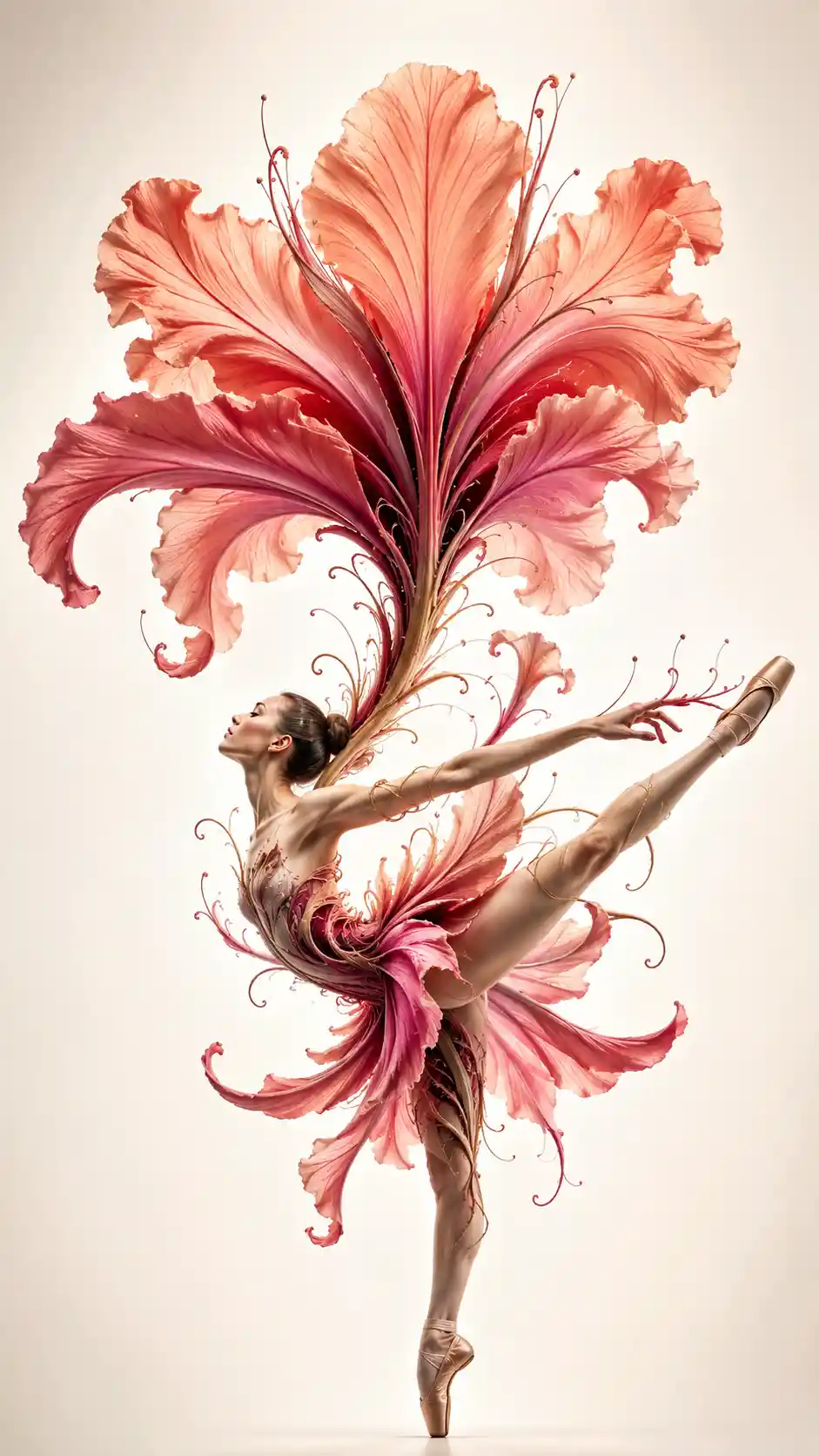 Bailarina surreal fundida com coluna botânica em flor