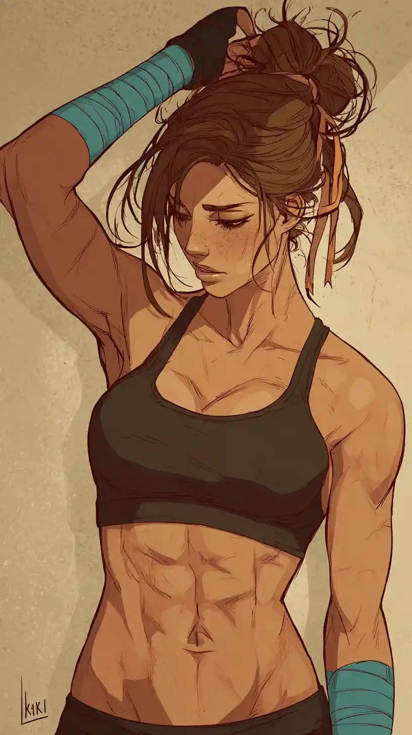 Athletic female fighter in ink and watercolor illustration