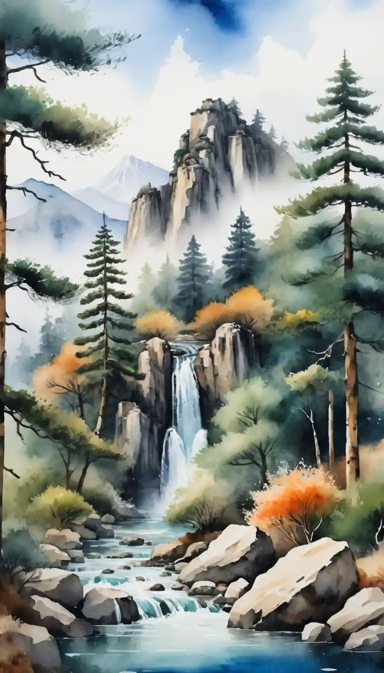 Mountain waterfall with pines in soft watercolor style