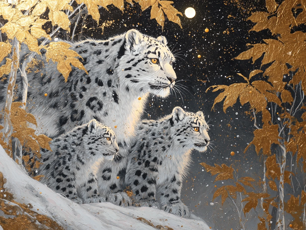 Mãe leopardo-das-neves e filhotes em uma floresta dourada ao luar