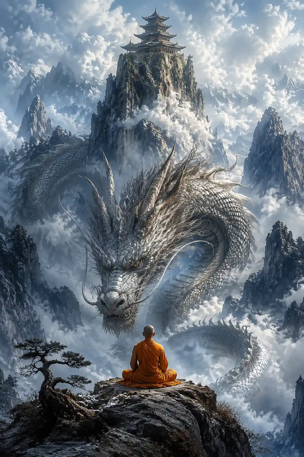 Monge Meditando Diante de Dragão em Paisagem Montanhosa Enevoada