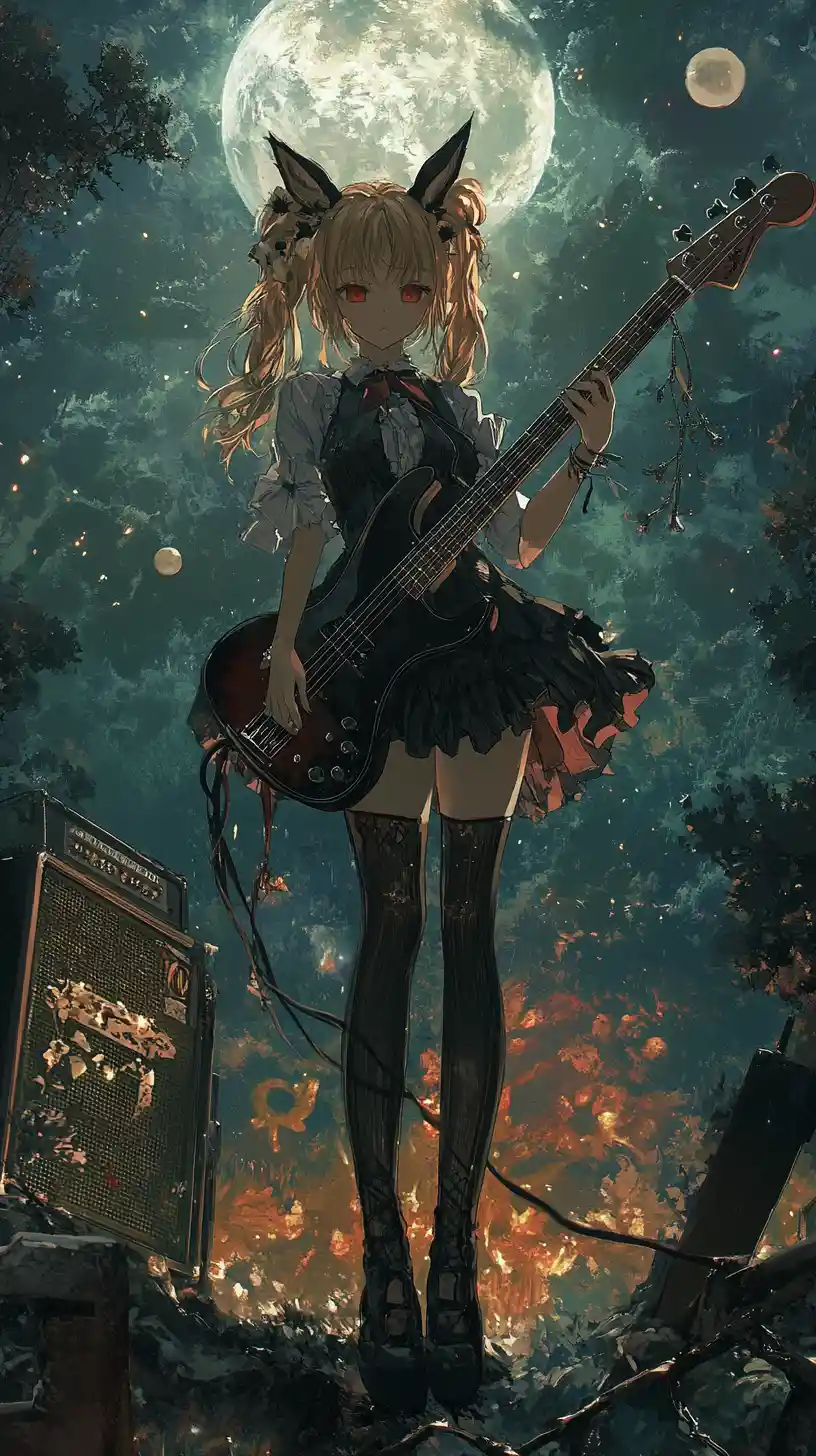 ビーチの焚き火のそばでギターを弾くアニメ少女
