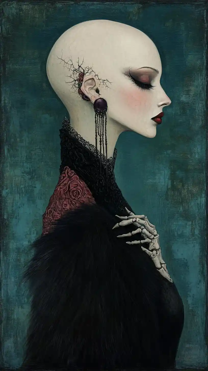 Retrato gótico surreal de uma mulher careca de porcelana costurada