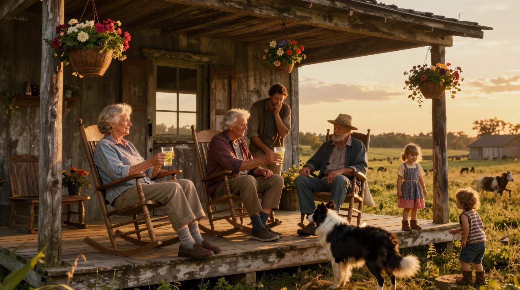 Farming family resting together on a sunlit wooden porch