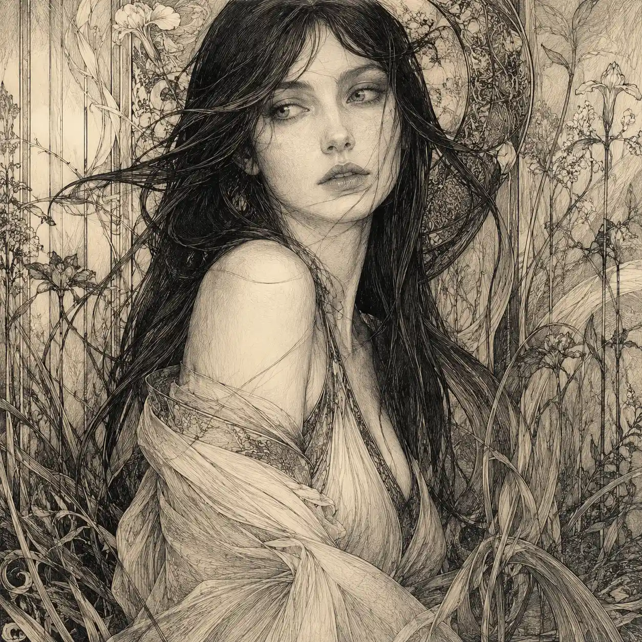 Ritratto di giovane donna pensierosa in raffinato disegno figurativo