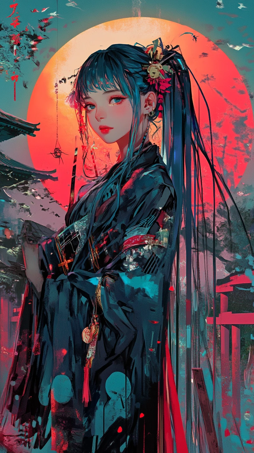 Blue haired anime girl in futuristic outfit by fireplace