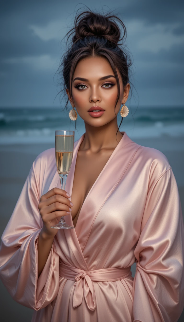 Donna elegante in vestaglia di seta con champagne sulla spiaggia