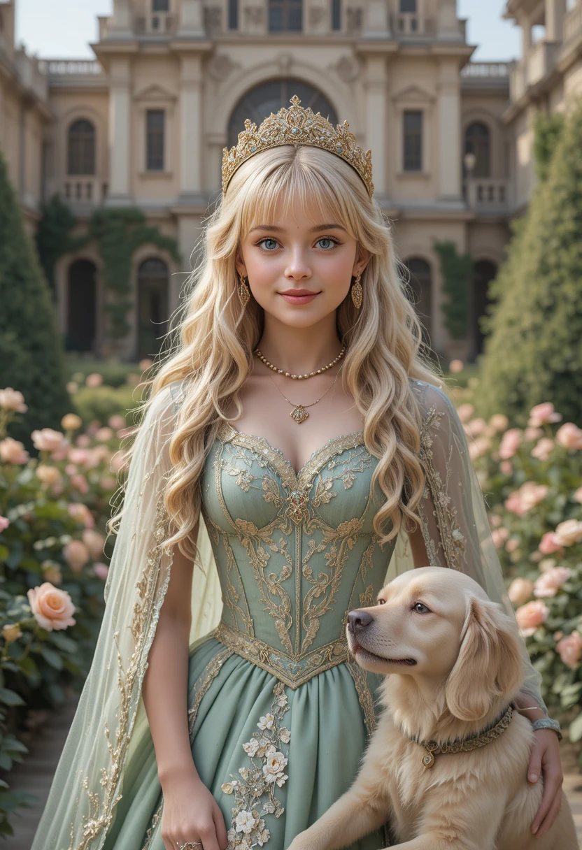 Garota loira em vestido verde em um pátio real