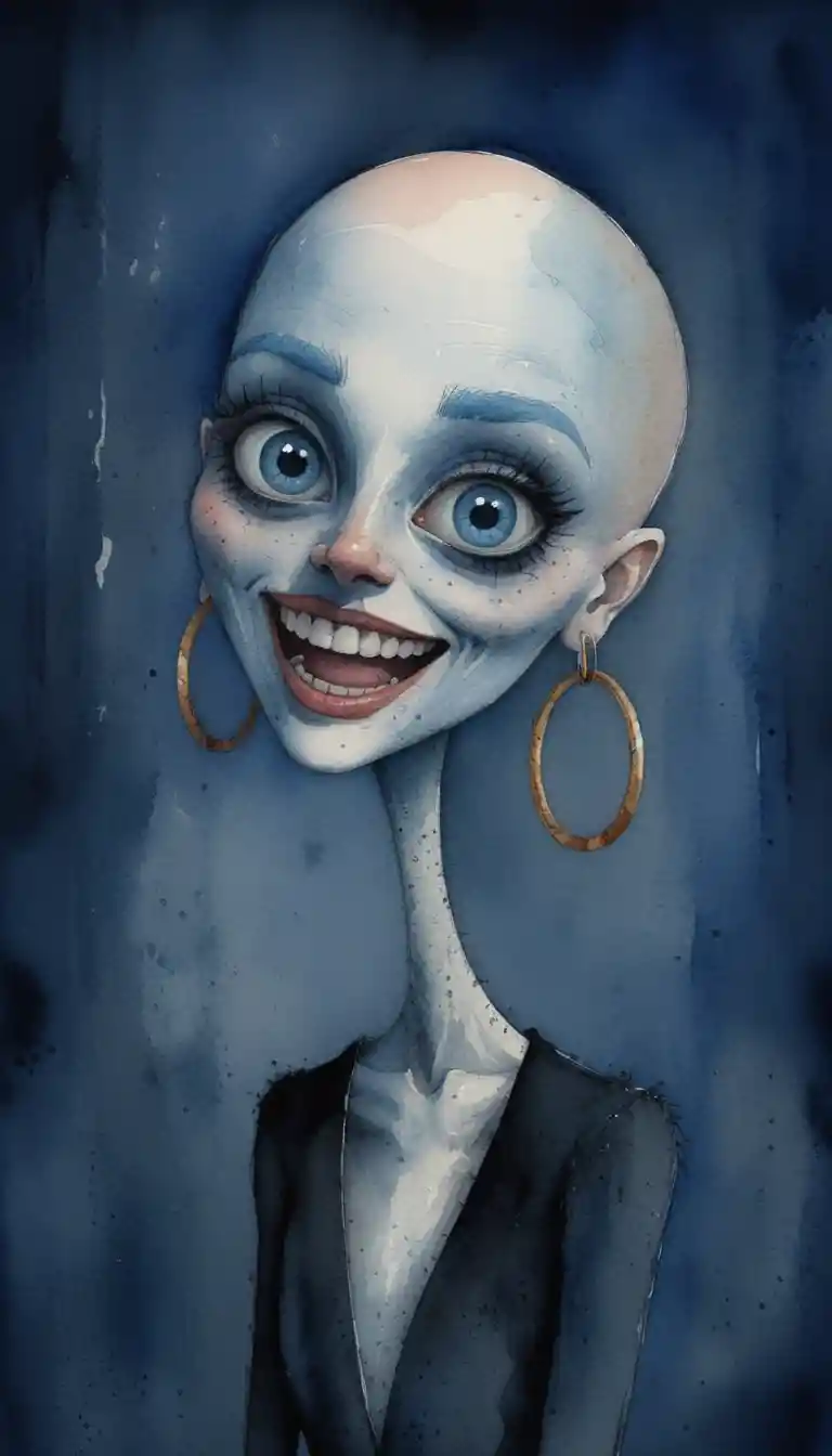 Caricatura de fantasia sombria de uma mulher careca com pescoço longo