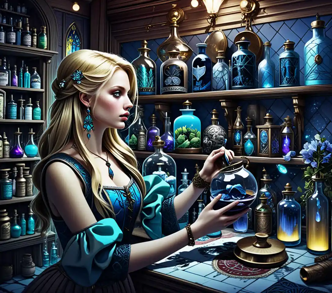 ファンタジーショップで在庫を確認する金髪の薬剤師女性