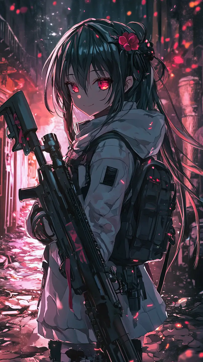 荒廃した戦場でライフルを構えるアニメ少女